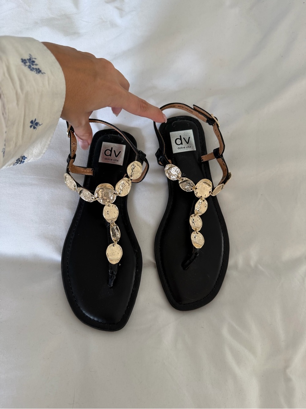 DV by Dolce Vita Black T-Strap Sandals with Gold Coin Accents